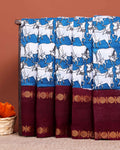 Handloom Sungudi Cotton Saree with Traditional Cow Motifs and Zari Border - Blue