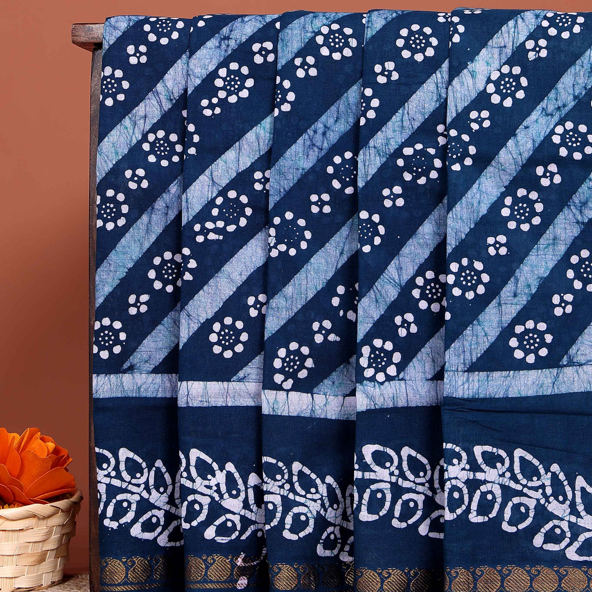 Handloom Sungudi Saree Diagonal Stripes and Wax Print Floral Motifs - Blue