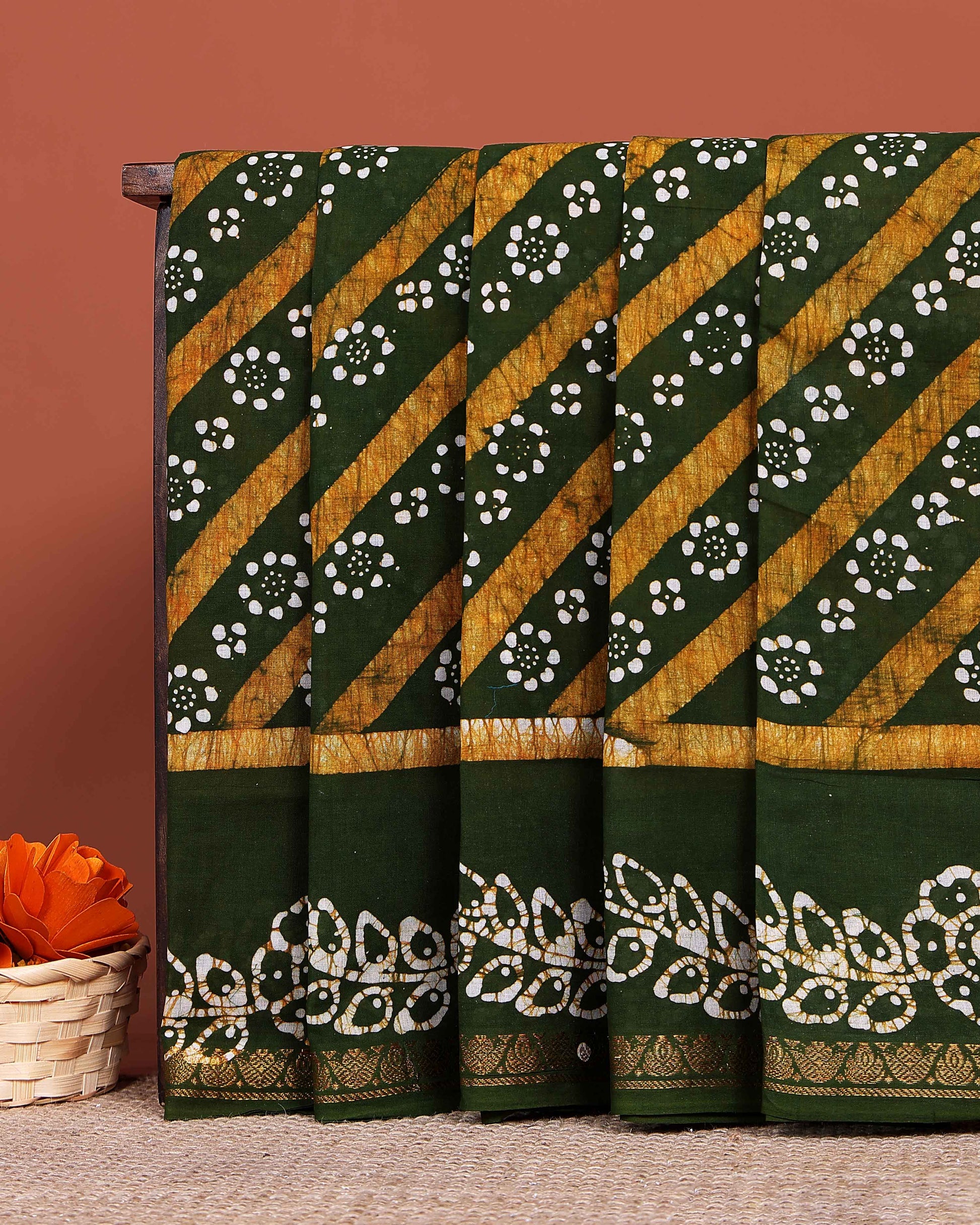 Handloom Sungudi Saree Diagonal Stripes and Wax Print Floral Motifs  - Green