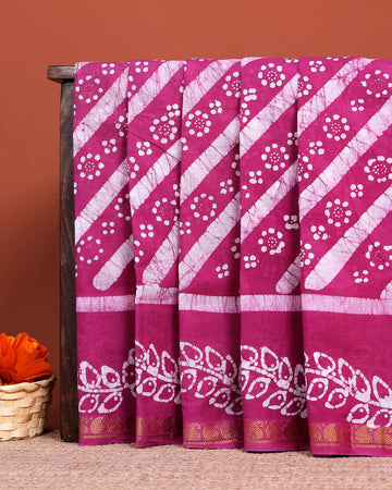 Handloom Sungudi Saree Diagonal Stripes and Wax Print Floral Motifs - Pink