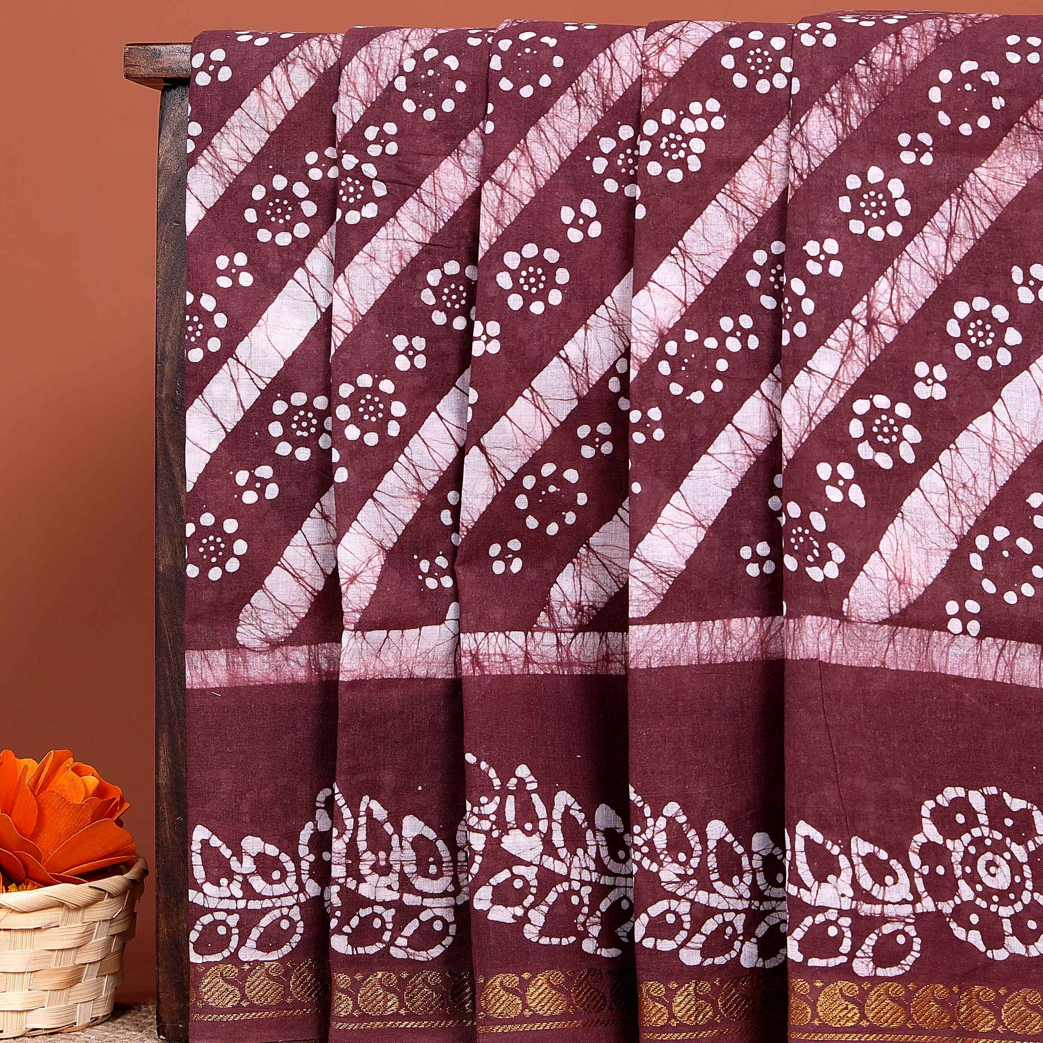 Handloom Sungudi Saree Diagonal Stripes and Wax Print Floral Motifs - Purple