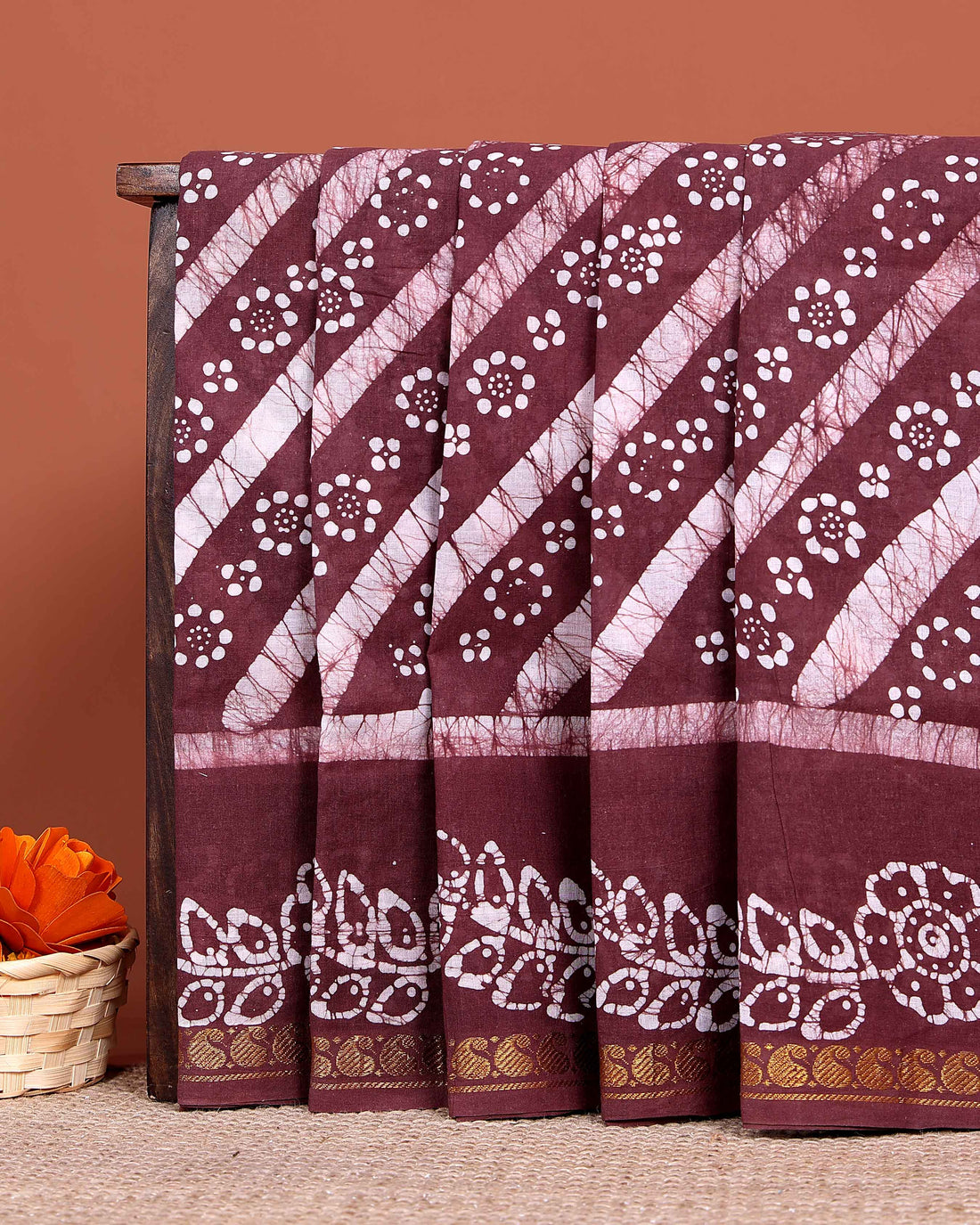 Handloom Sungudi Saree Diagonal Stripes and Wax Print Floral Motifs - Purple