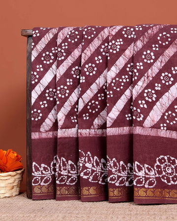 Handloom Sungudi Saree Diagonal Stripes and Wax Print Floral Motifs - Purple