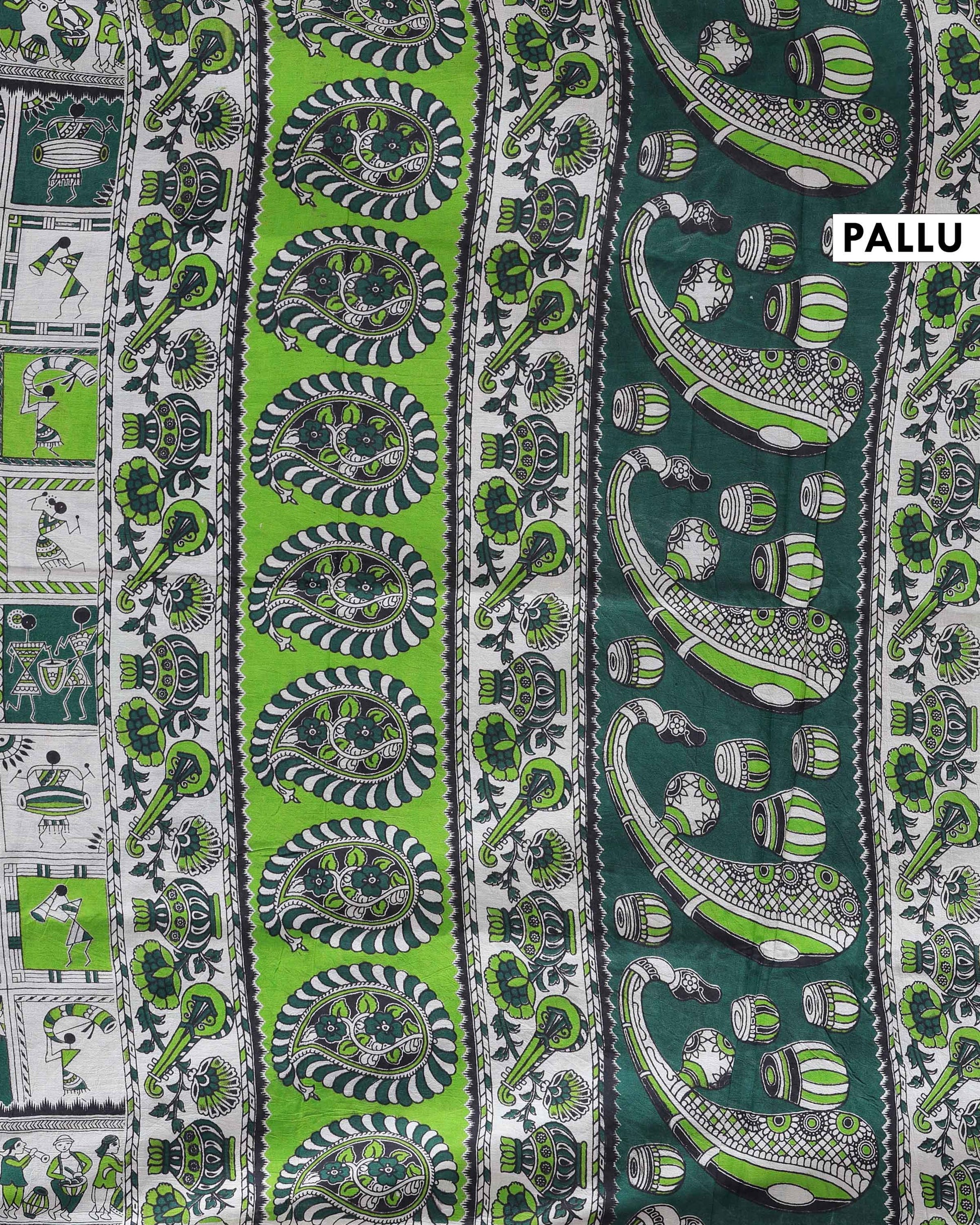 Handloom Traditional Kalamkari Cotton Saree with Art Inspired Motifs - Cream-Pallu