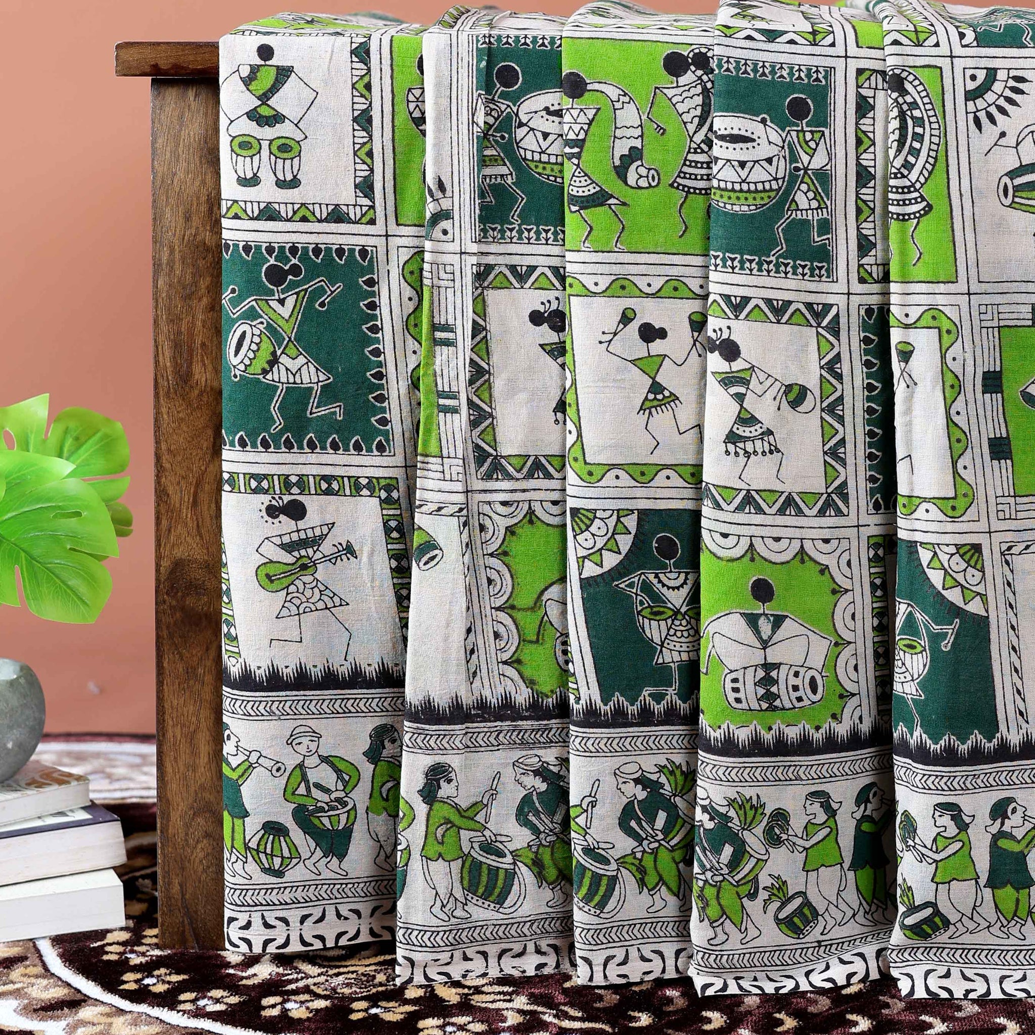 Handloom Traditional Kalamkari Cotton Saree with Art Inspired Motifs - Cream