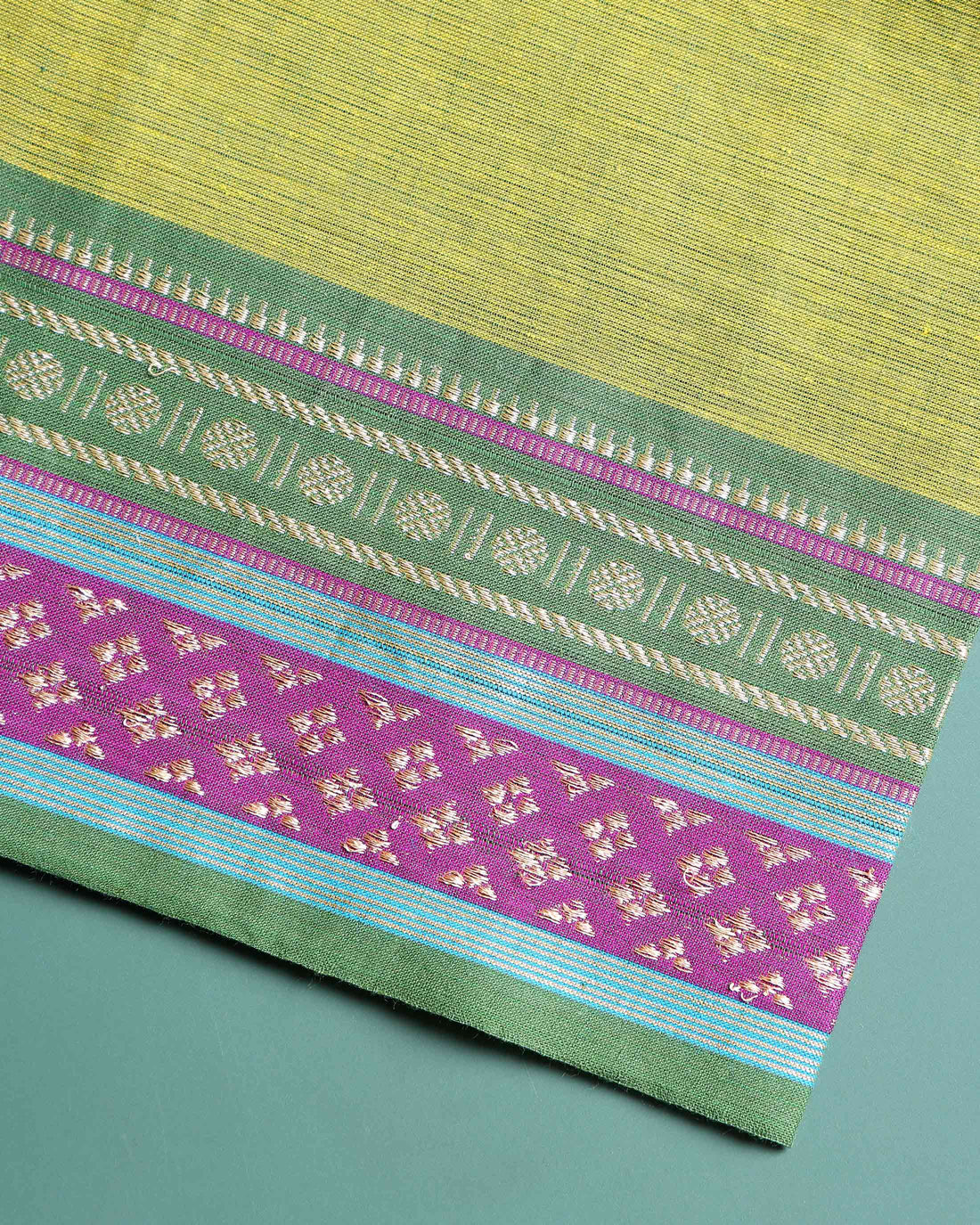 Handloom Unstitched Blouse Material with Zari Border -Green