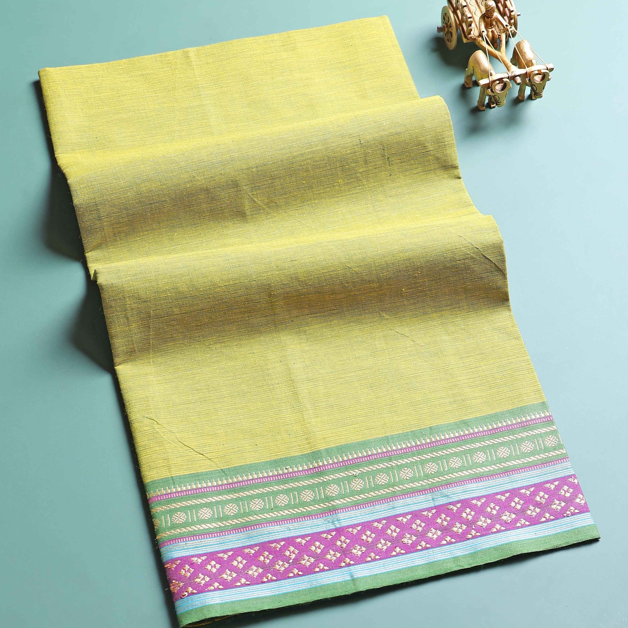 Handloom Unstitched Blouse Material with Zari Border -Green