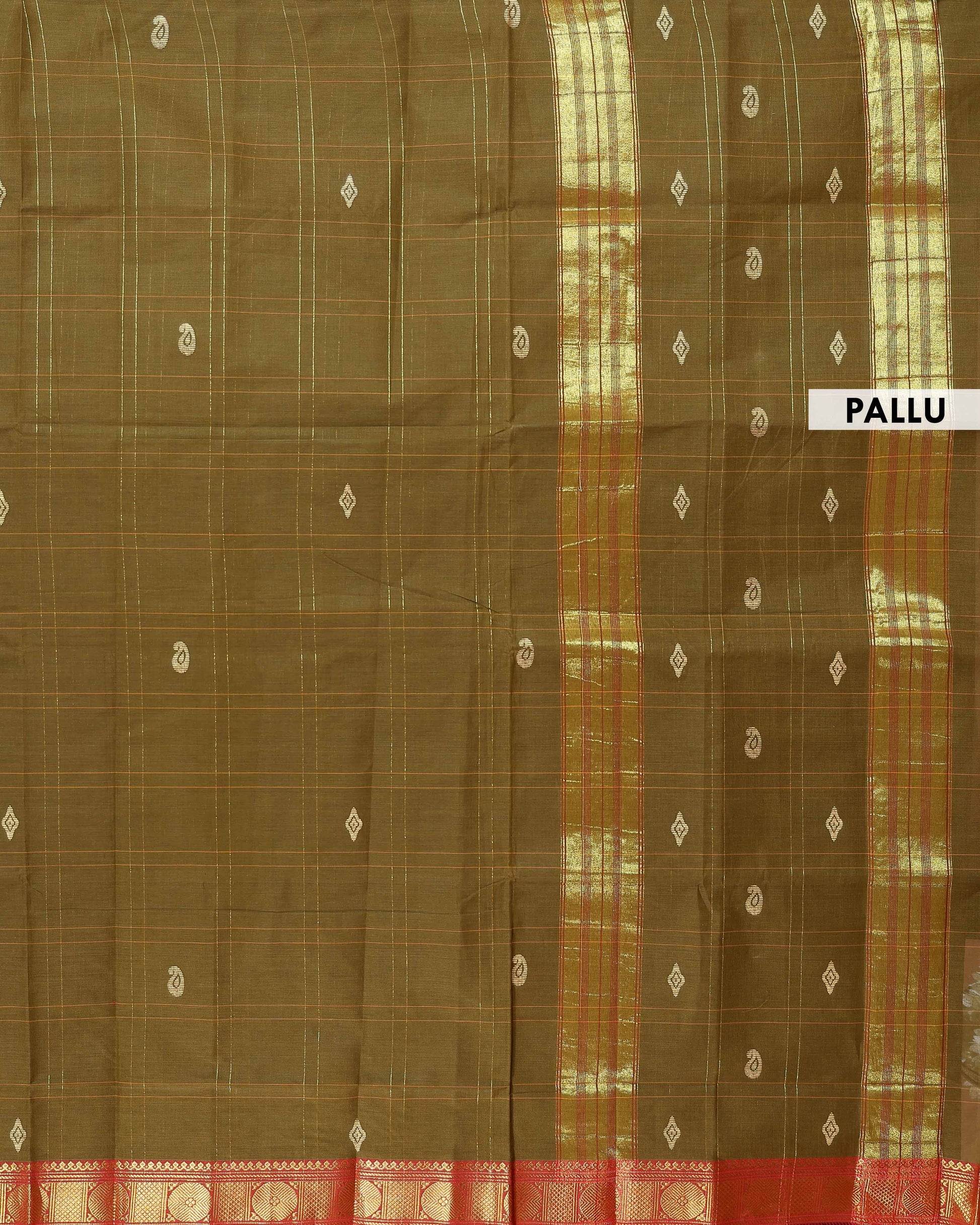 Handloom Venkatagiri  Cotton Saree with Checked Weave and Small Zari Butta & Traditional Zari Border - Green
