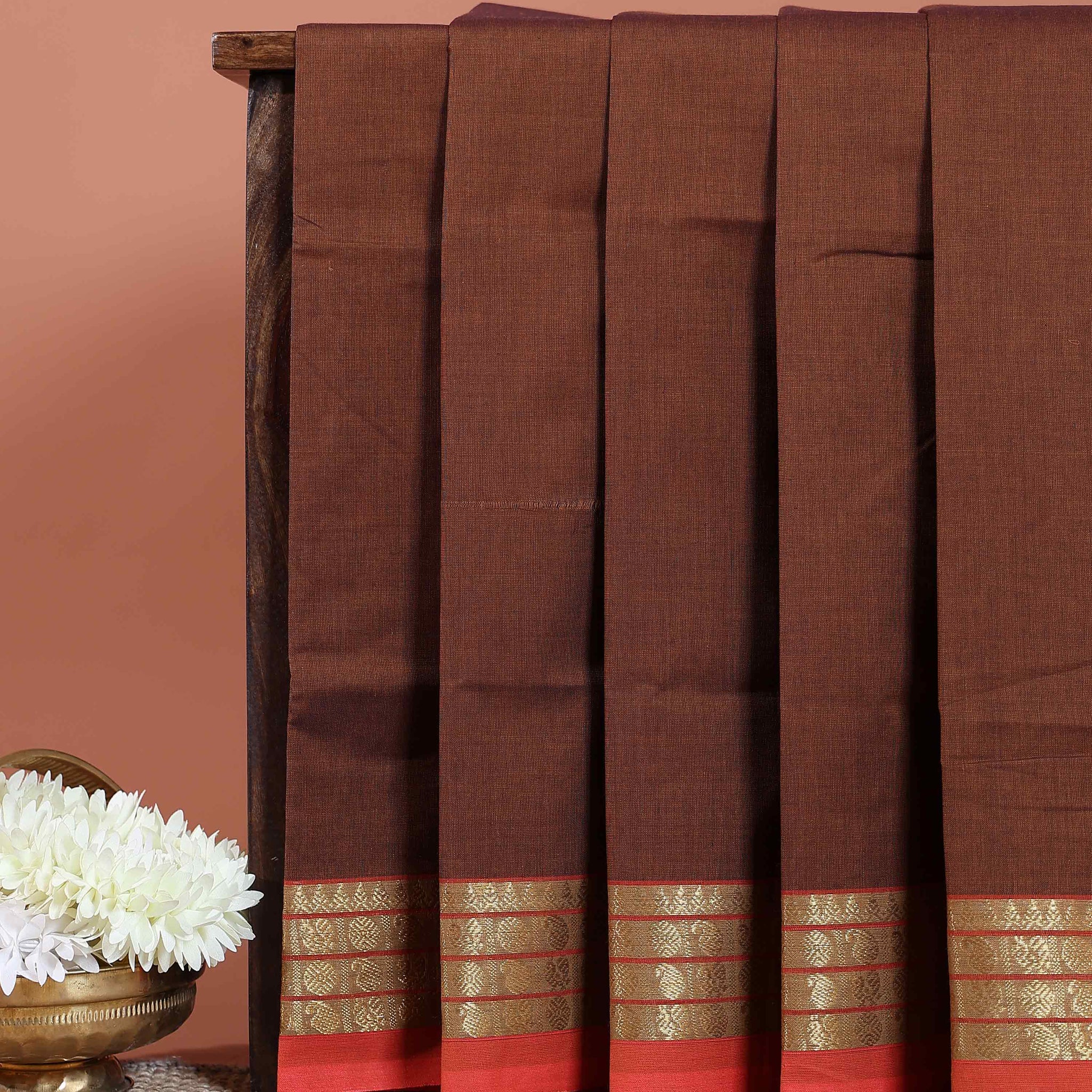 Handloom Venkatagiri Cotton Saree with Traditional Contrast Zari Border - Dark Brown