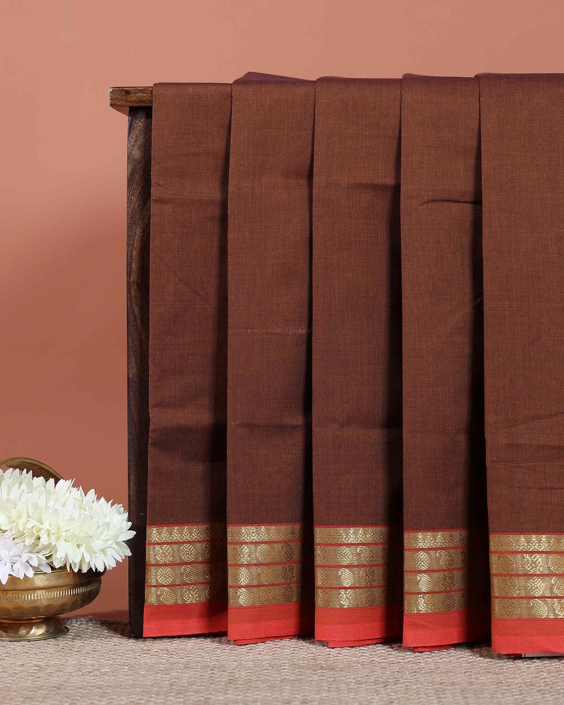 Handloom Venkatagiri Cotton Saree with Traditional Contrast Zari Border - Dark Brown