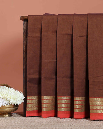 Handloom Venkatagiri Cotton Saree with Traditional Contrast Zari Border - Dark Brown