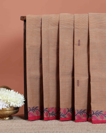 Handloom Venkatagiri Handloom Cotton Saree with Contrast Leaf Motif Woven Border - Brown