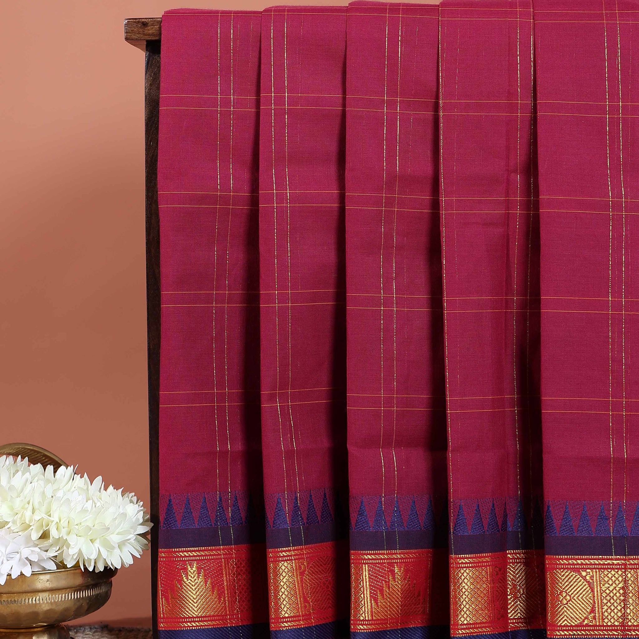 Handloom Venkatagiri Handloom Cotton Saree with Subtle Checked Weave and Contrast Temple Zari Border - Maroon