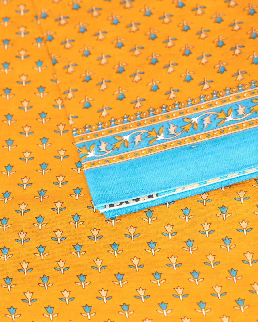 Handloom Voile Cotton Saree with All-Over Floral Print and Contrast Border - Mustard