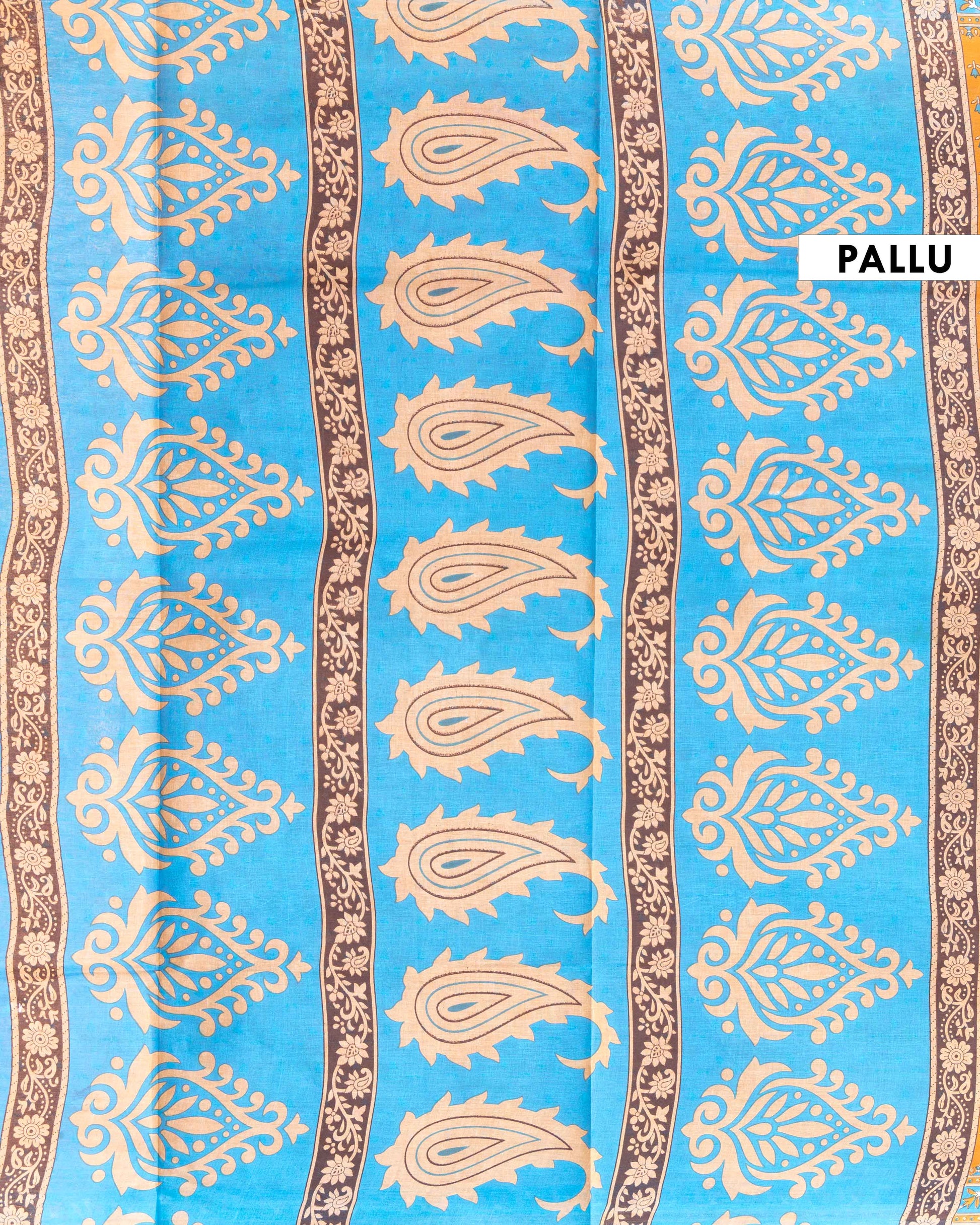 Handloom Voile Cotton Saree with All-Over Floral Print and Contrast Border - Mustard