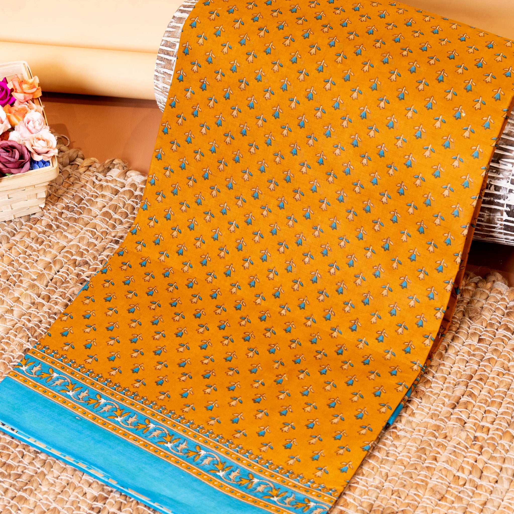 Handloom Voile Cotton Saree with All-Over Floral Print and Contrast Border - Mustard