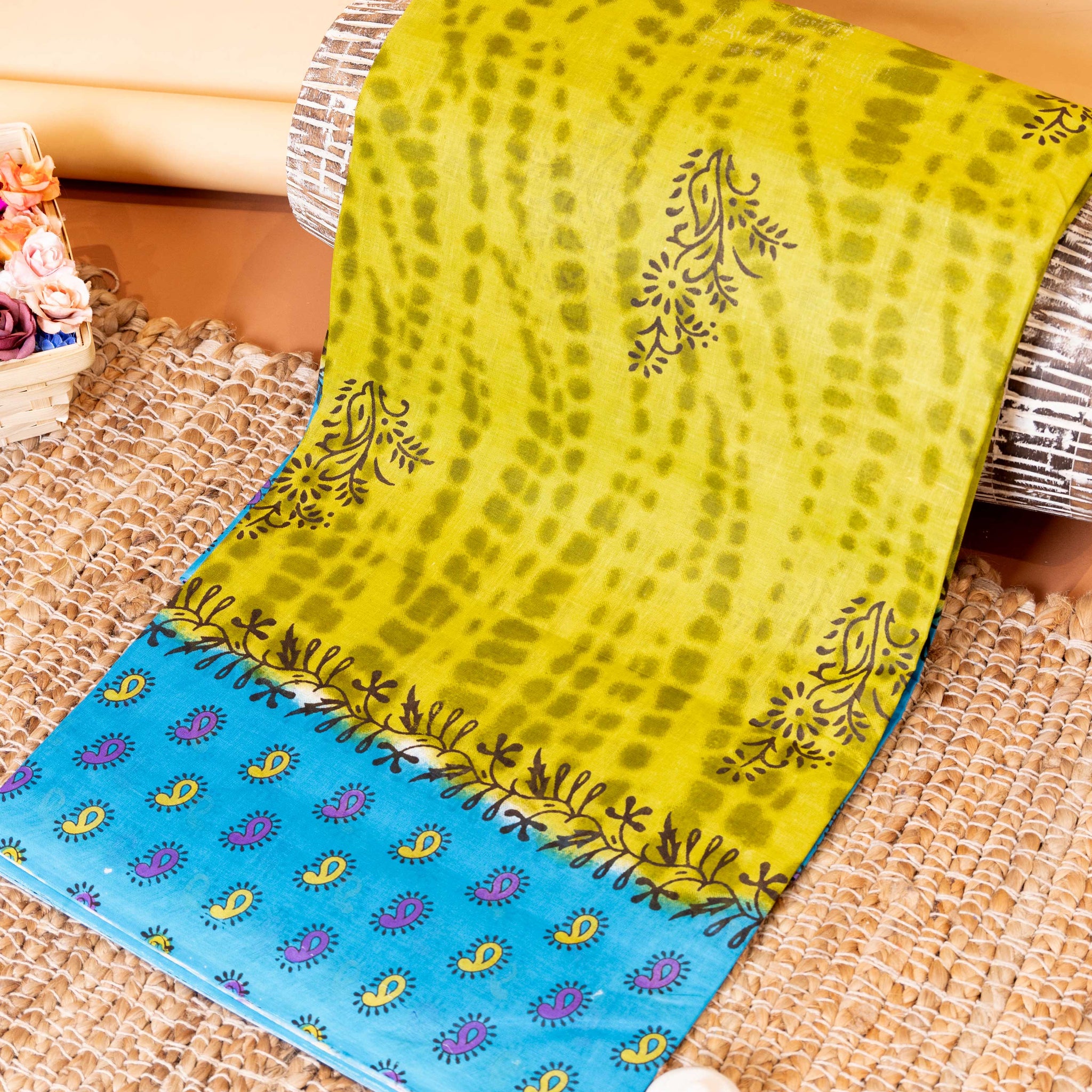 Handloom Voile Cotton Saree with Block Print and Intricate Paisley Motifs - Yellow