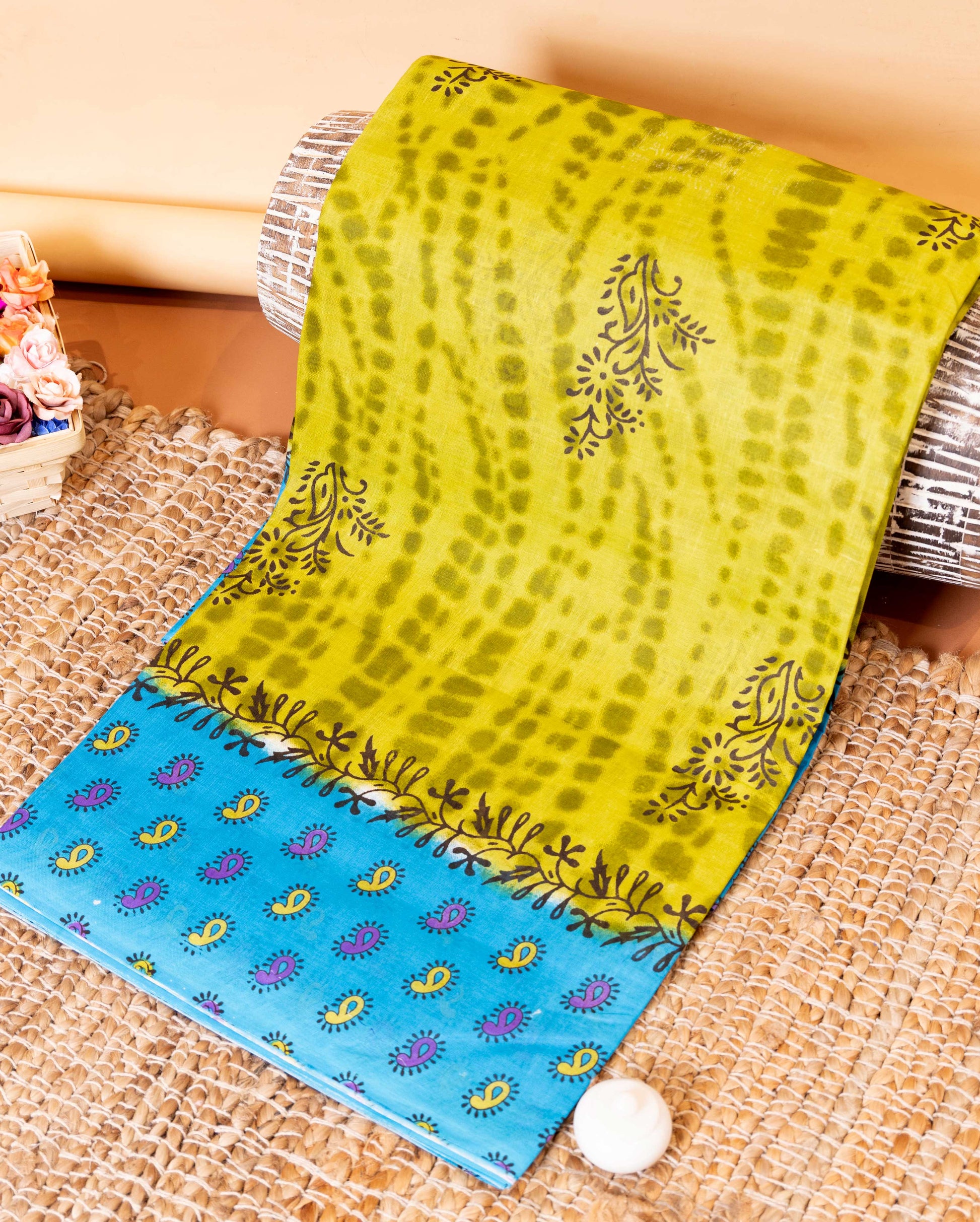 Handloom Voile Cotton Saree with Block Print and Intricate Paisley Motifs - Yellow