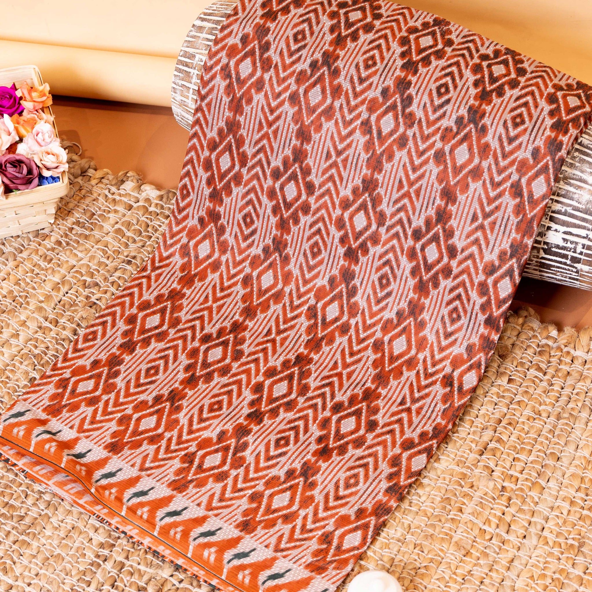 Handloom Voile Cotton Saree with Geometric Ikkat Diamond Pattern - Dark Orange