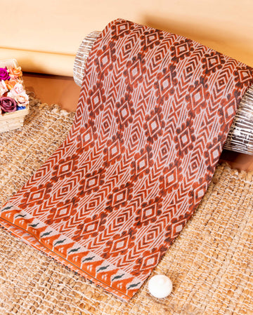 Handloom Voile Cotton Saree with Geometric Ikkat Diamond Pattern - Dark Orange