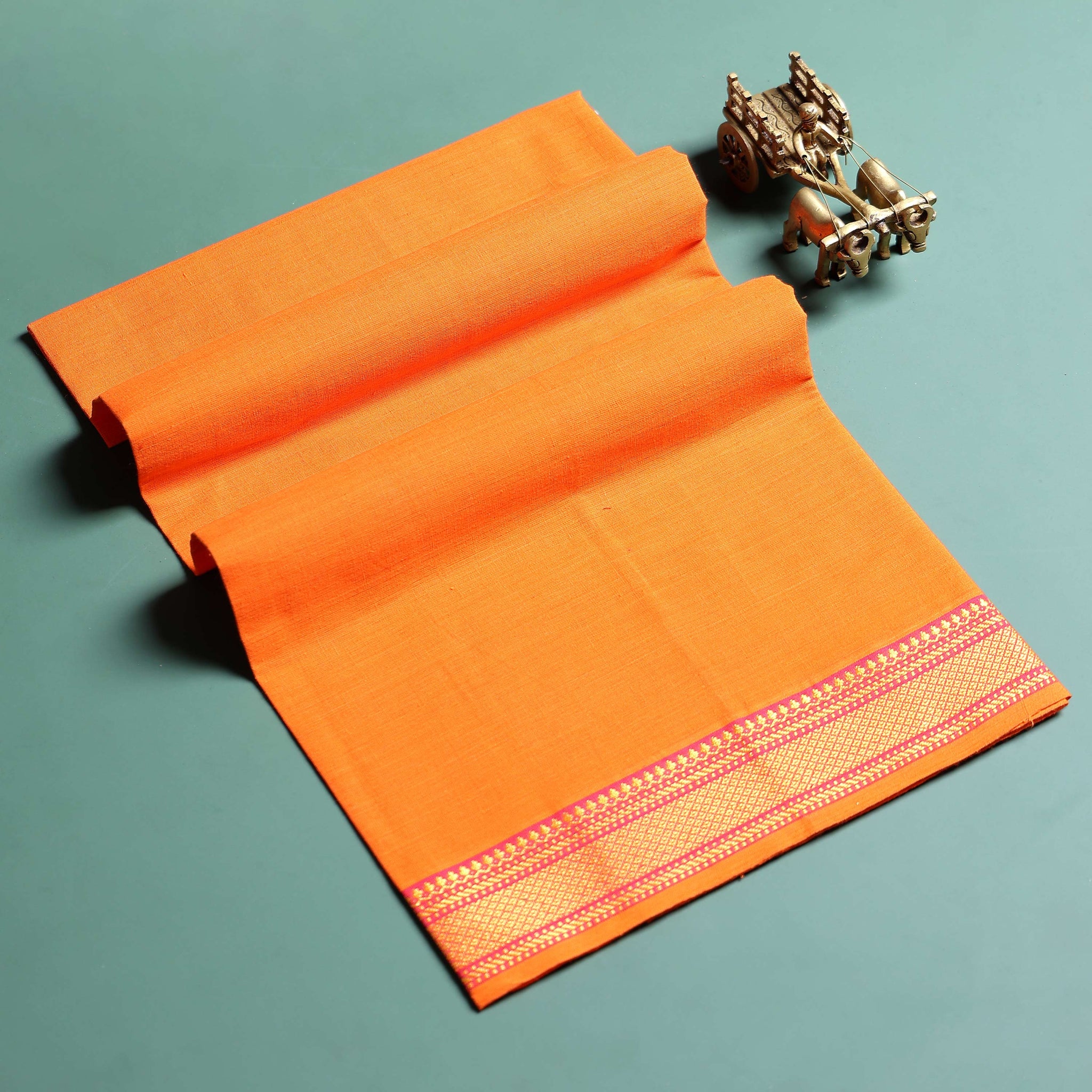 Handloom Women Cotton 1 Meter Blouse Material with Traditional Woven Zari Border - Orange