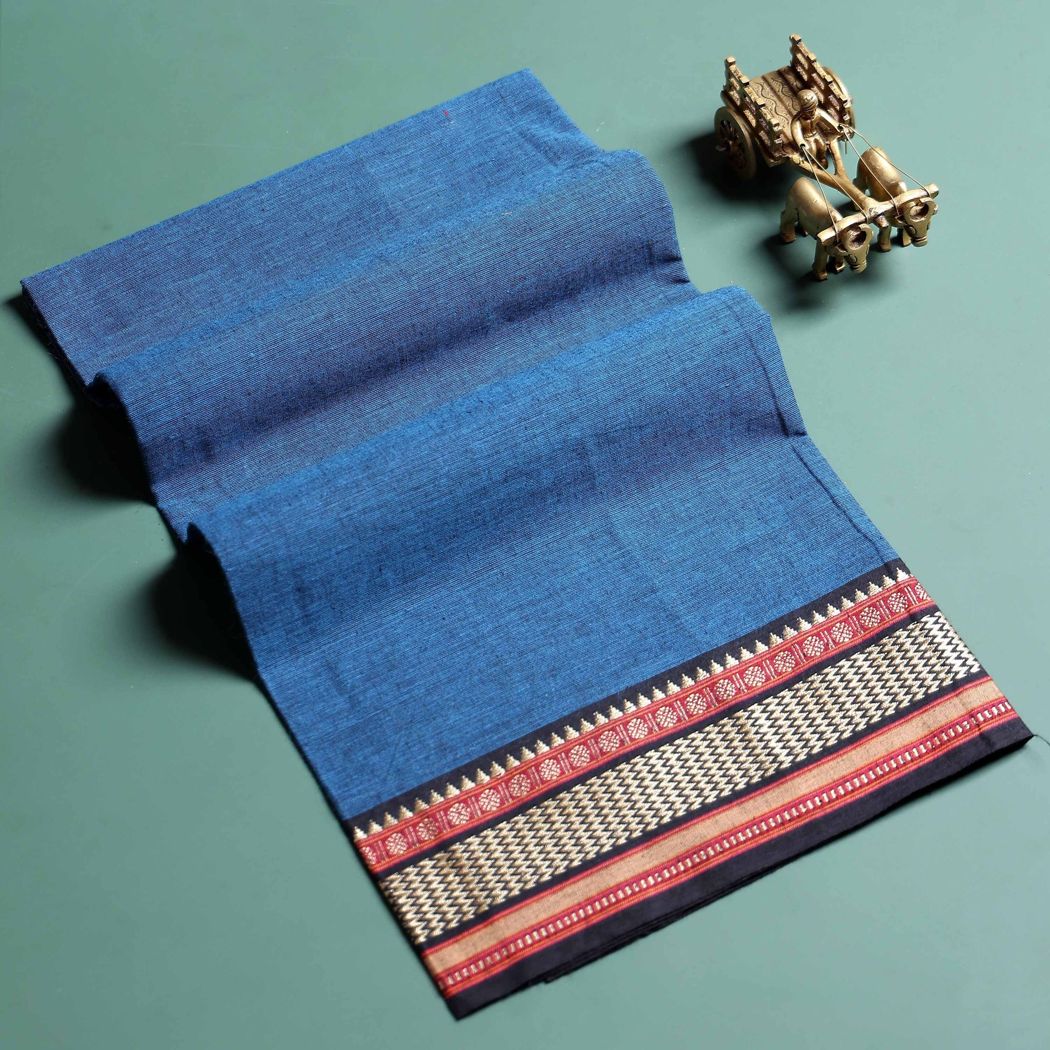 Handloom Women Cotton 1 Meter Blouse Material with Woven Traditional Border - Blue