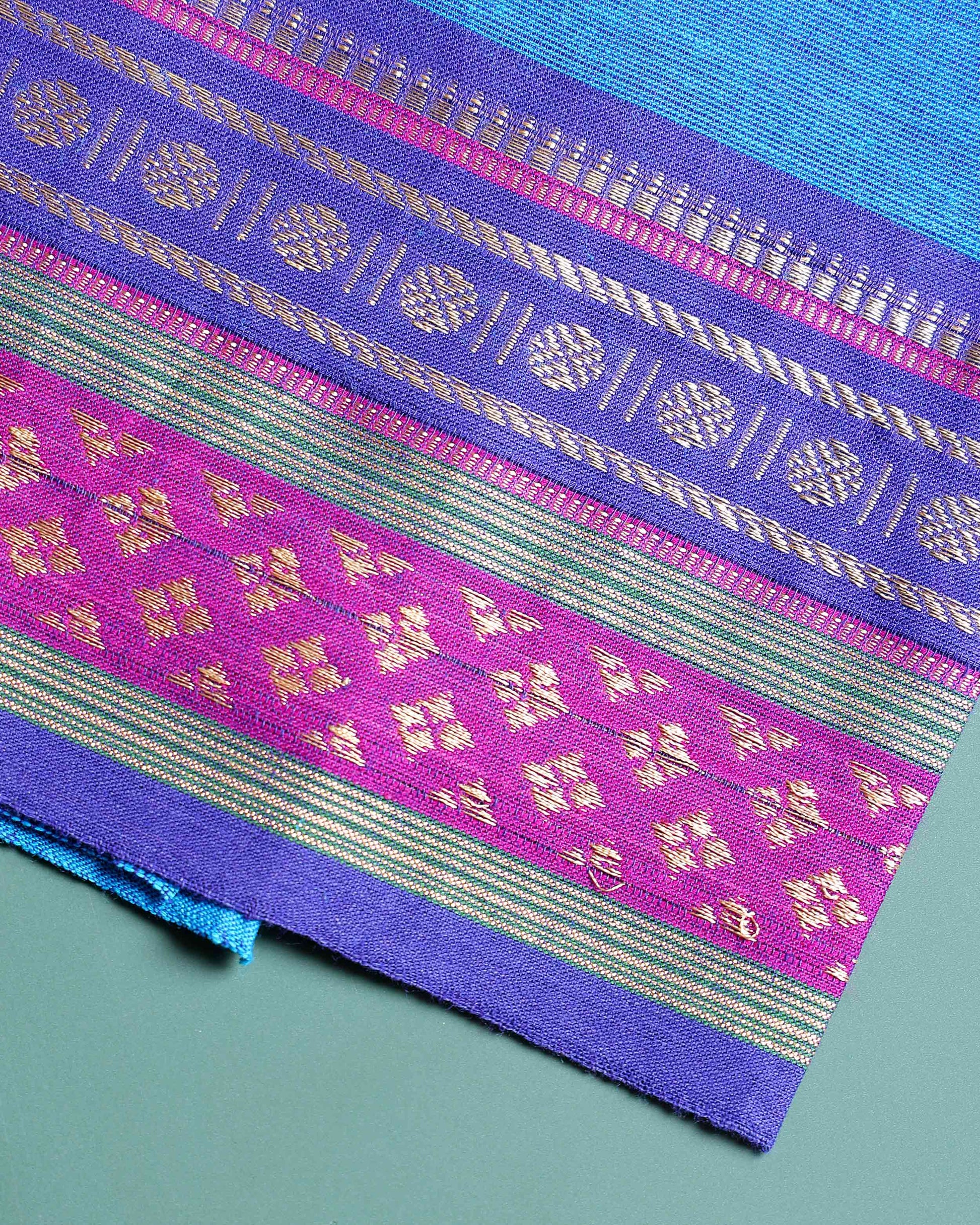Handloom Woven Blouse Material with Traditional Border -  Blue-Close