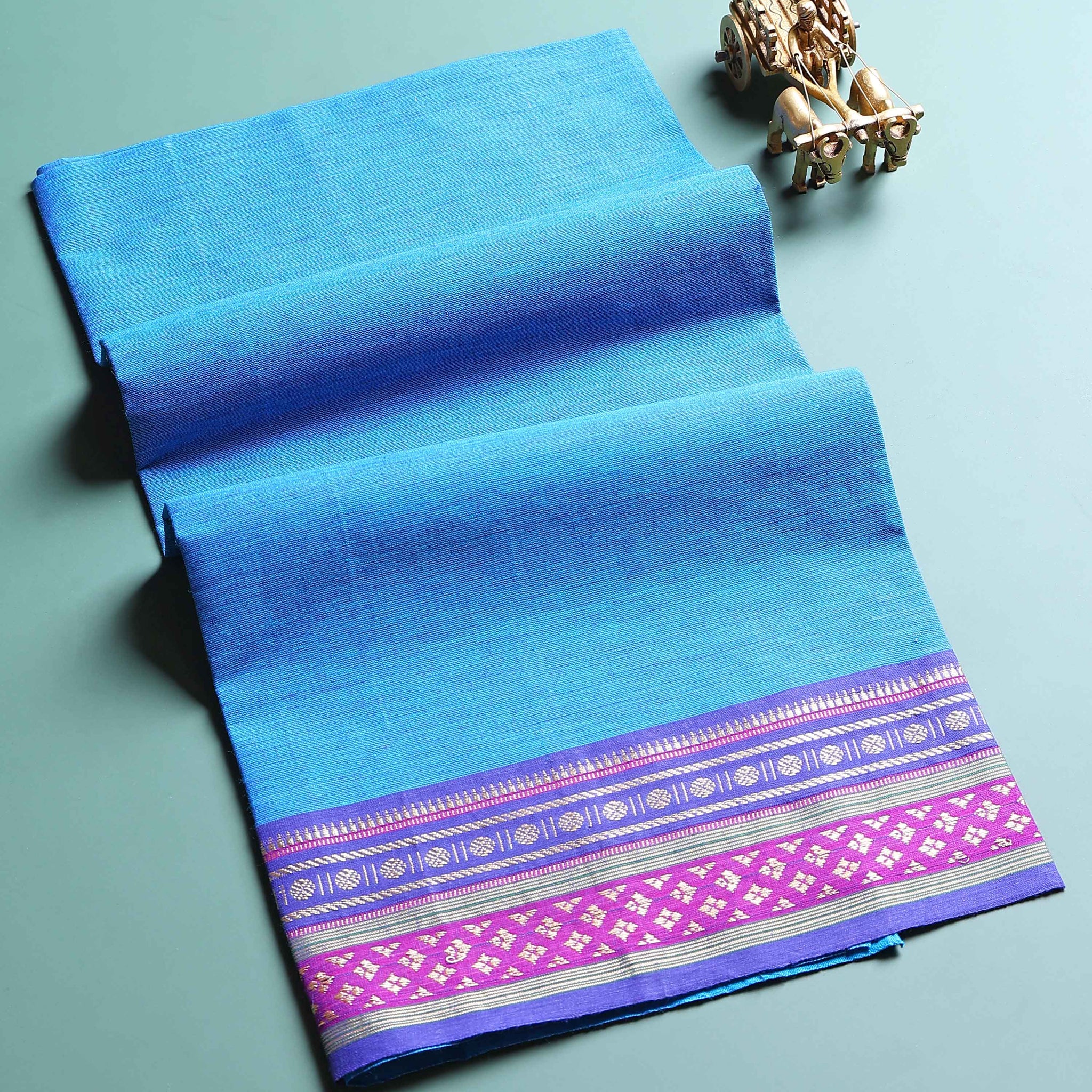 Handloom Woven Blouse Material with Traditional Border -  Blue