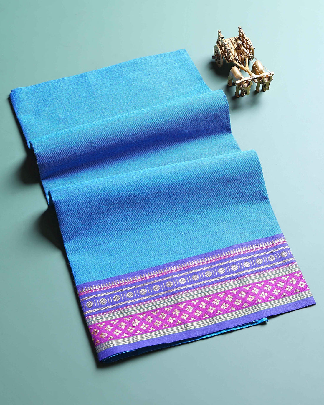 Handloom Woven Blouse Material with Traditional Border -  Blue