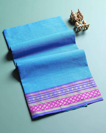 Handloom Woven Blouse Material with Traditional Border -  Blue
