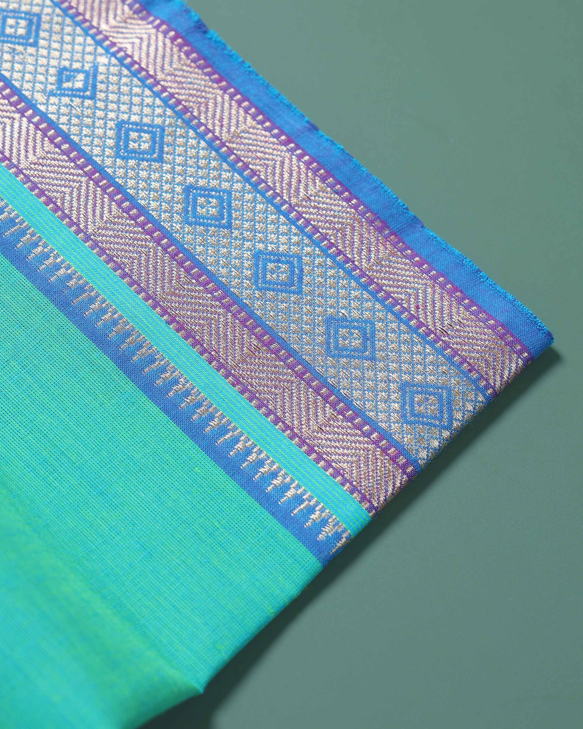 Handloom Woven Blouse Material with Traditional Zari Border - Turquoise