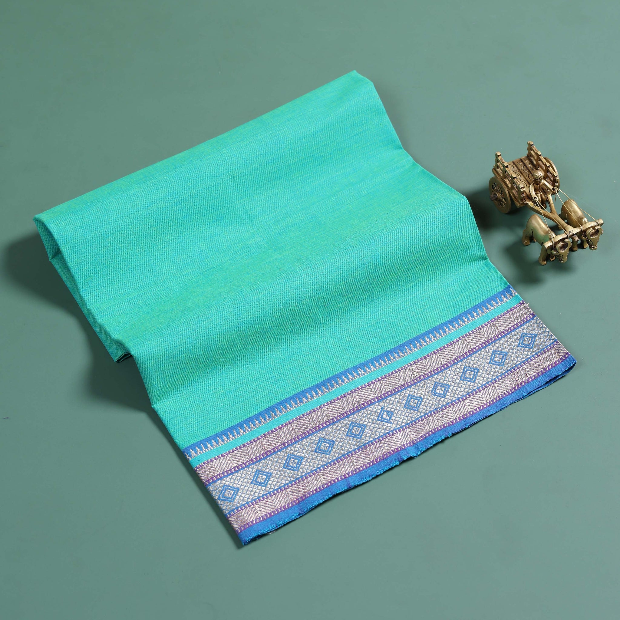 Handloom Woven Blouse Material with Traditional Zari Border - Turquoise