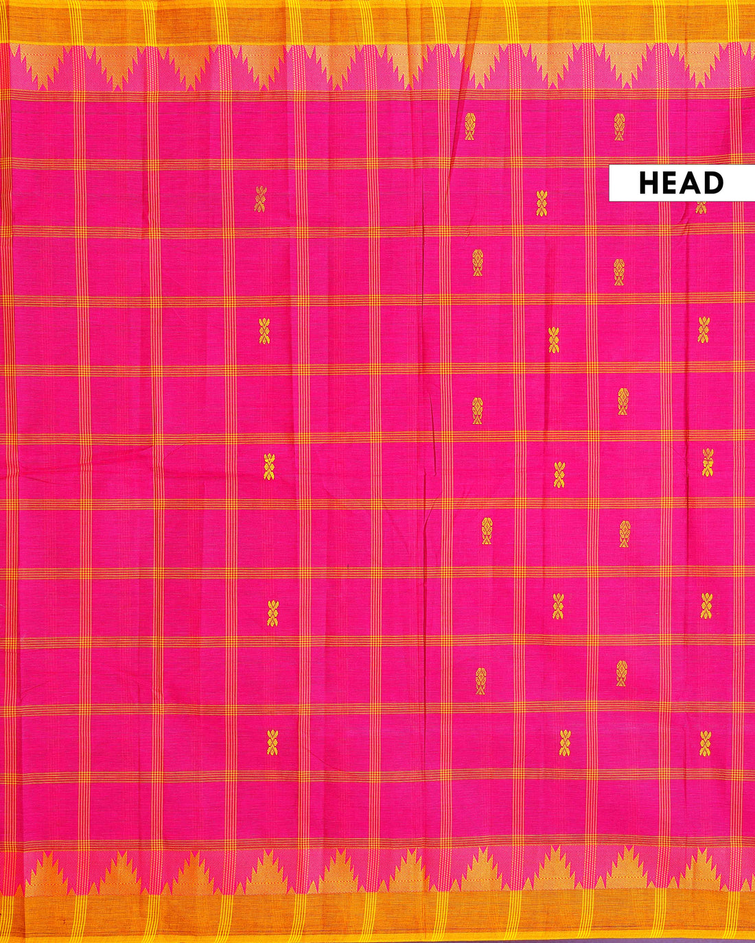 Handloom Woven Chettinad Cotton Saree with Traditional Checks and Temple Border -Pink