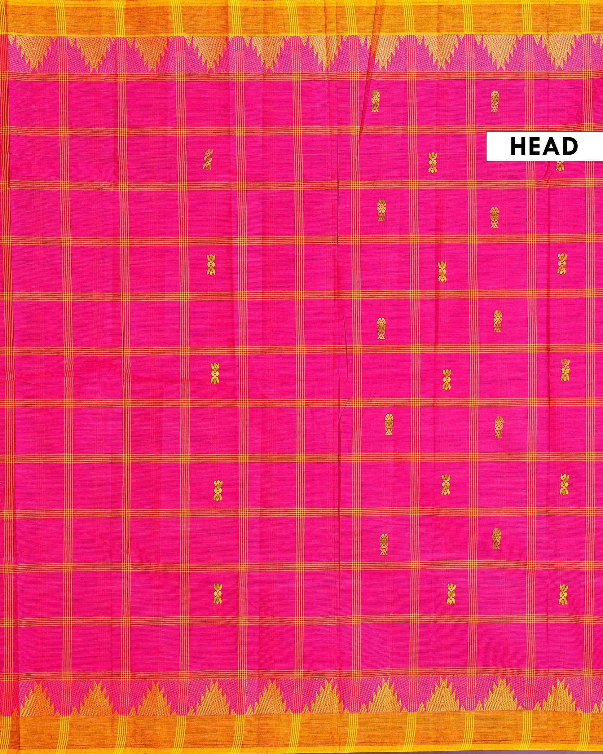 Handloom Woven Chettinad Cotton Saree with Traditional Checks and Temple Border -Pink-Head
