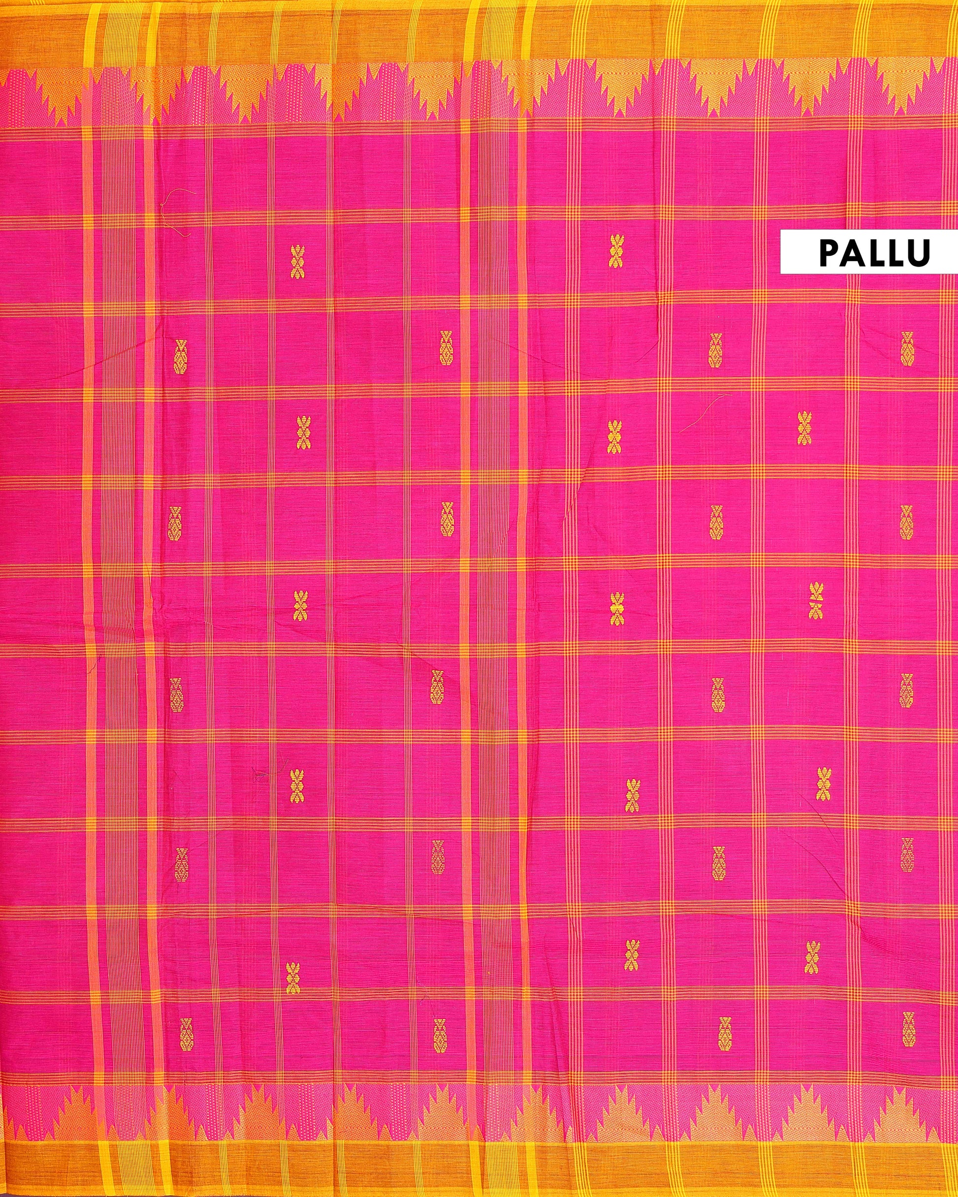 Handloom Woven Chettinad Cotton Saree with Traditional Checks and Temple Border -Pink-Pallu