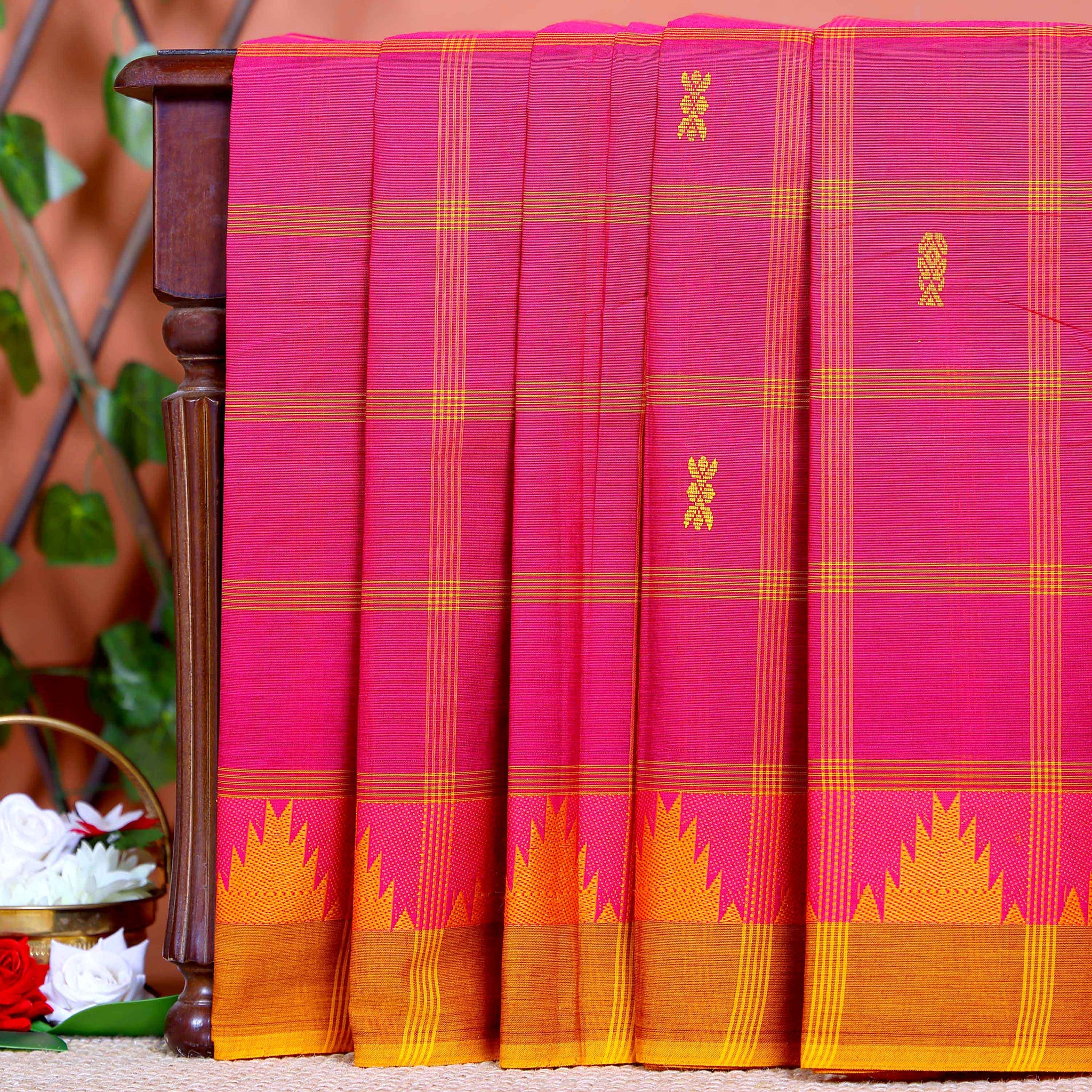 Handloom Woven Chettinad Cotton Saree with Traditional Checks and Temple Border -Pink