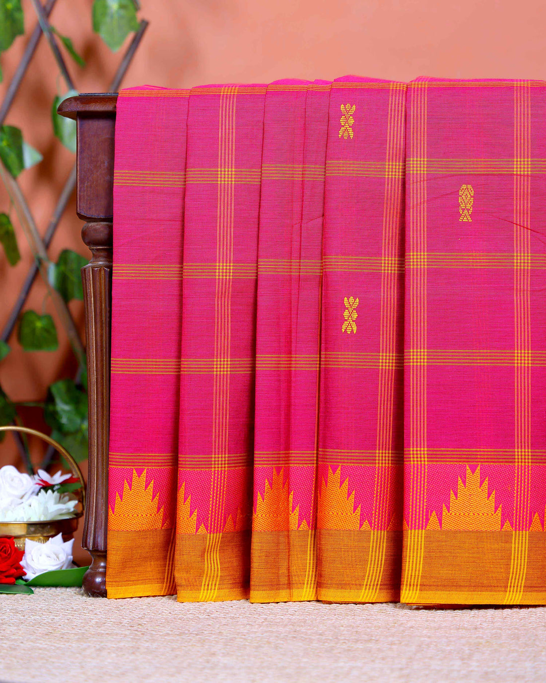 Handloom Woven Chettinad Cotton Saree with Traditional Checks and Temple Border -Pink