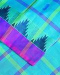 Handloom Woven Chettinad Cotton Saree with Traditional Checks and Temple Border - Green-Close