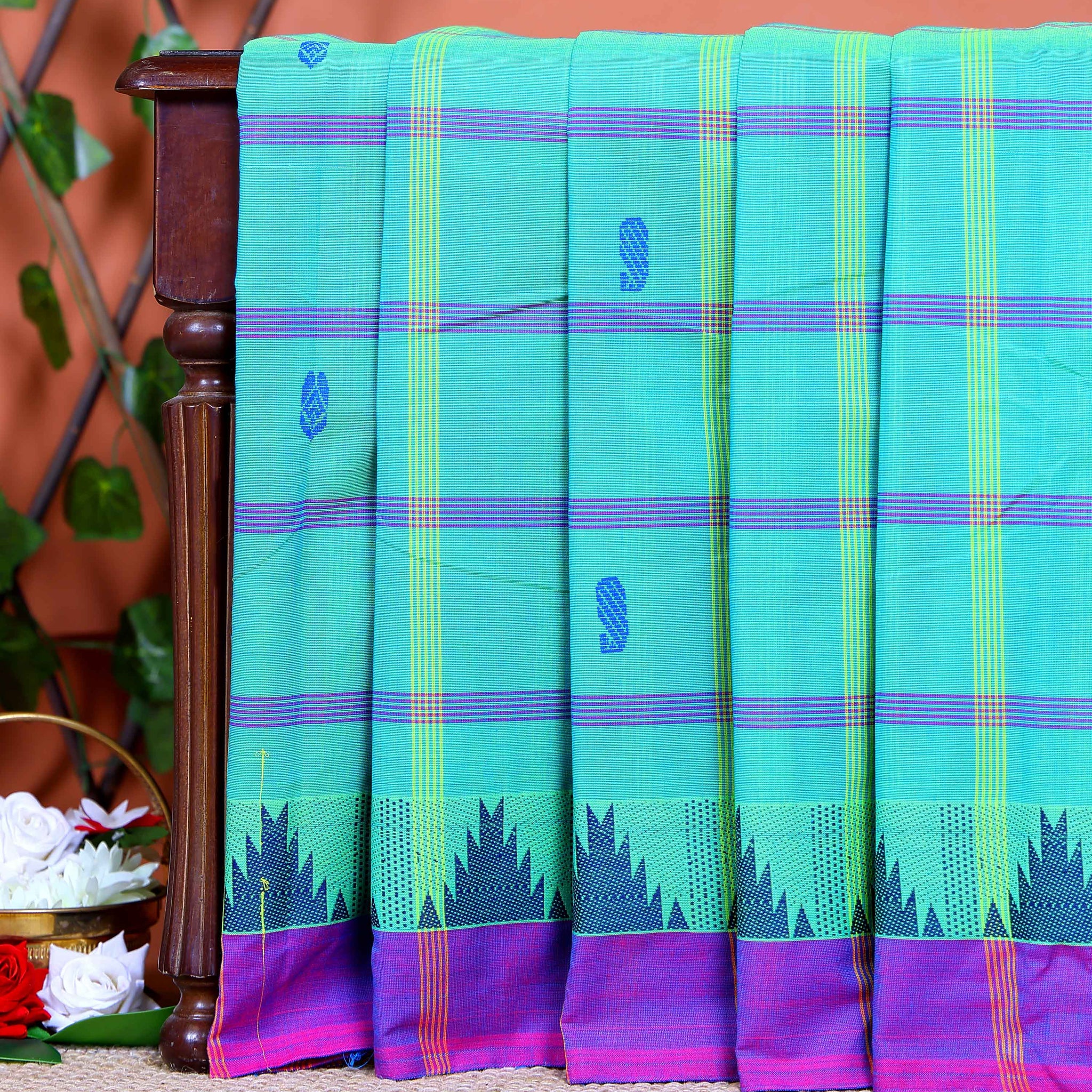 Handloom Woven Chettinad Cotton Saree with Traditional Checks and Temple Border - Green