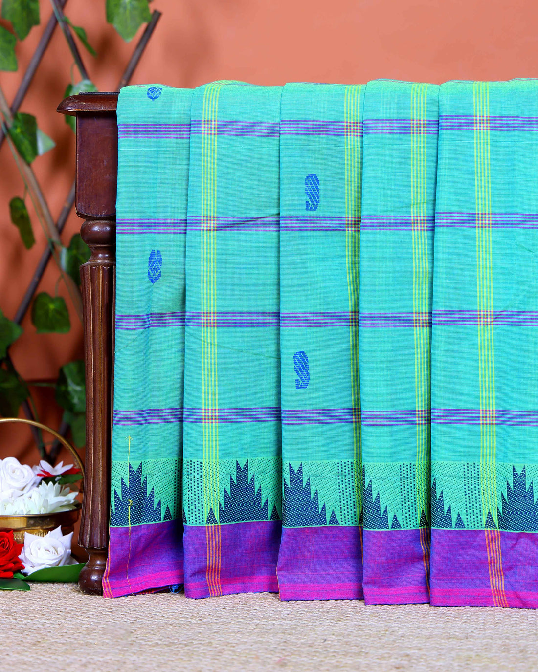 Handloom Woven Chettinad Cotton Saree with Traditional Checks and Temple Border - Green
