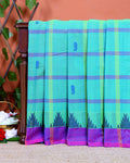 Handloom Woven Chettinad Cotton Saree with Traditional Checks and Temple Border - Green