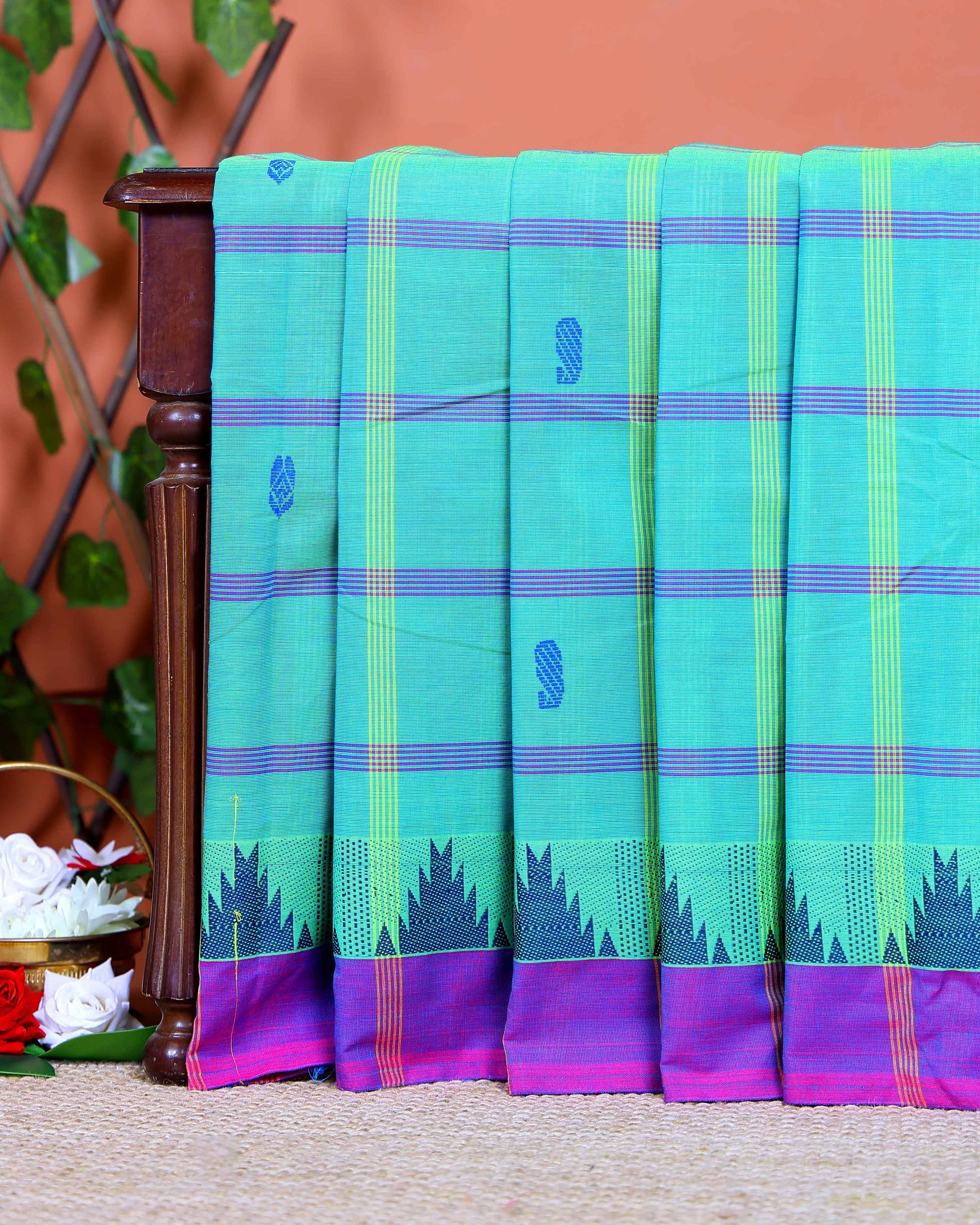 Handloom Woven Chettinad Cotton Saree with Traditional Checks and Temple Border - Green