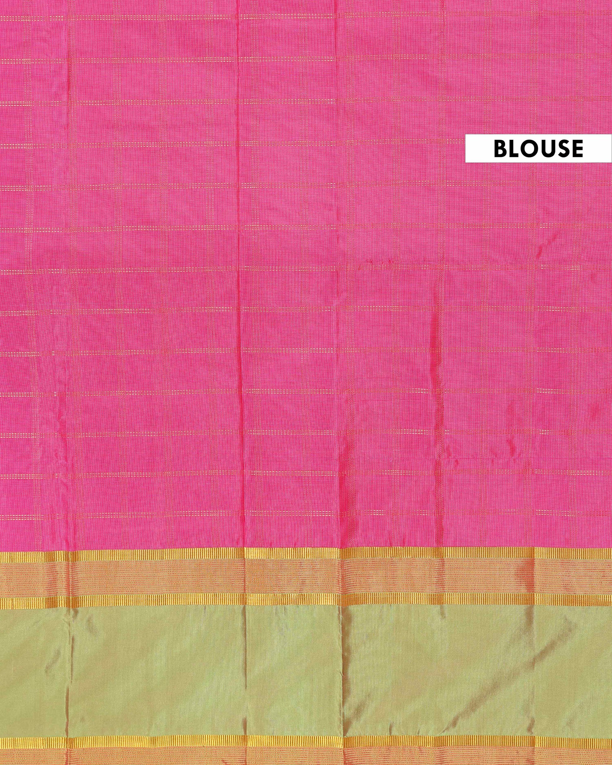 Handloom Woven Silk Cotton Saree with Checked Body and Zari Border - Pink