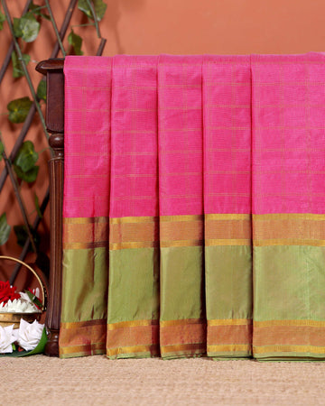 Handloom Woven Silk Cotton Saree with Checked Body and Zari Border - Pink