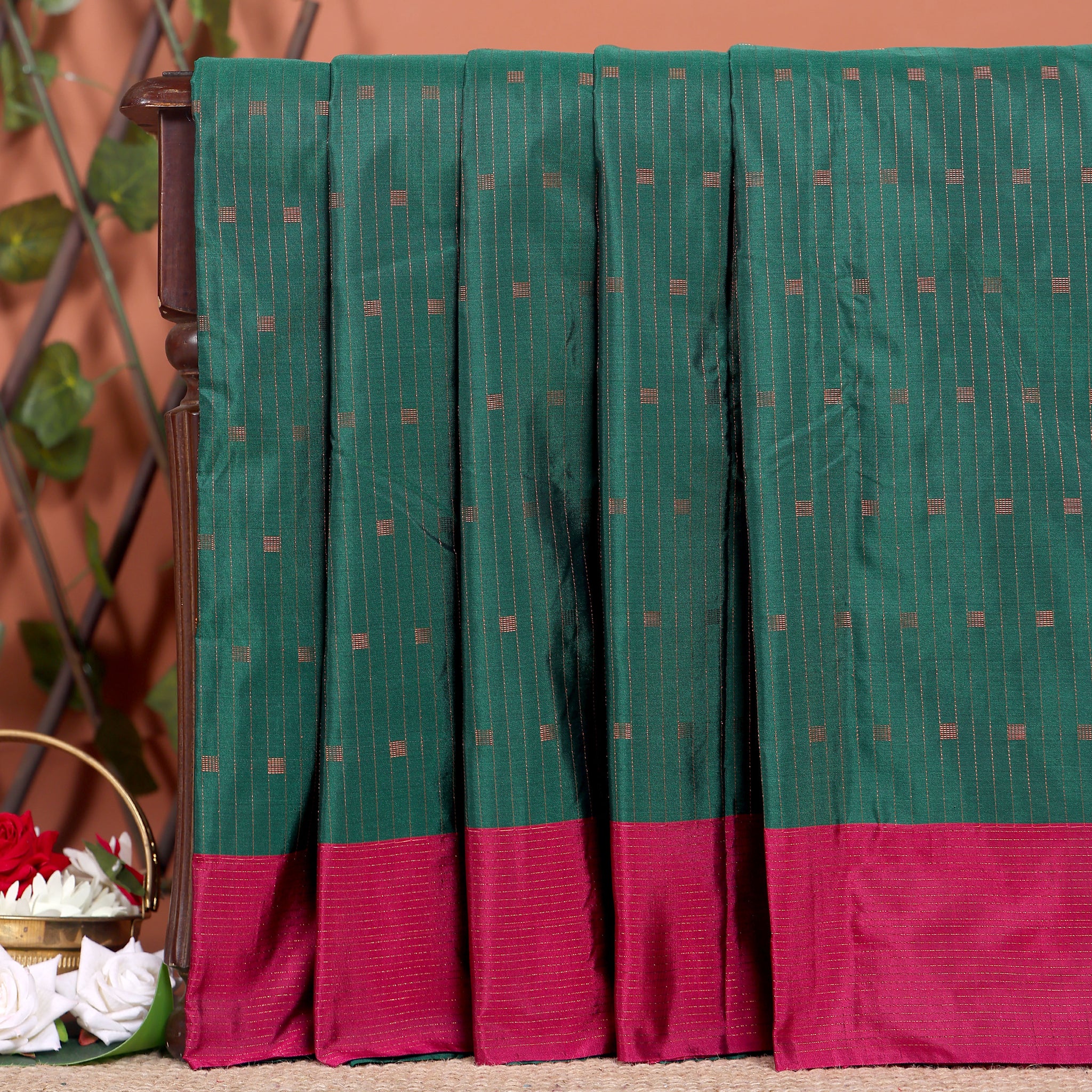 Handloom Woven Soft Silk Saree with Zari Buttas and Contrasting Border - Dark Green