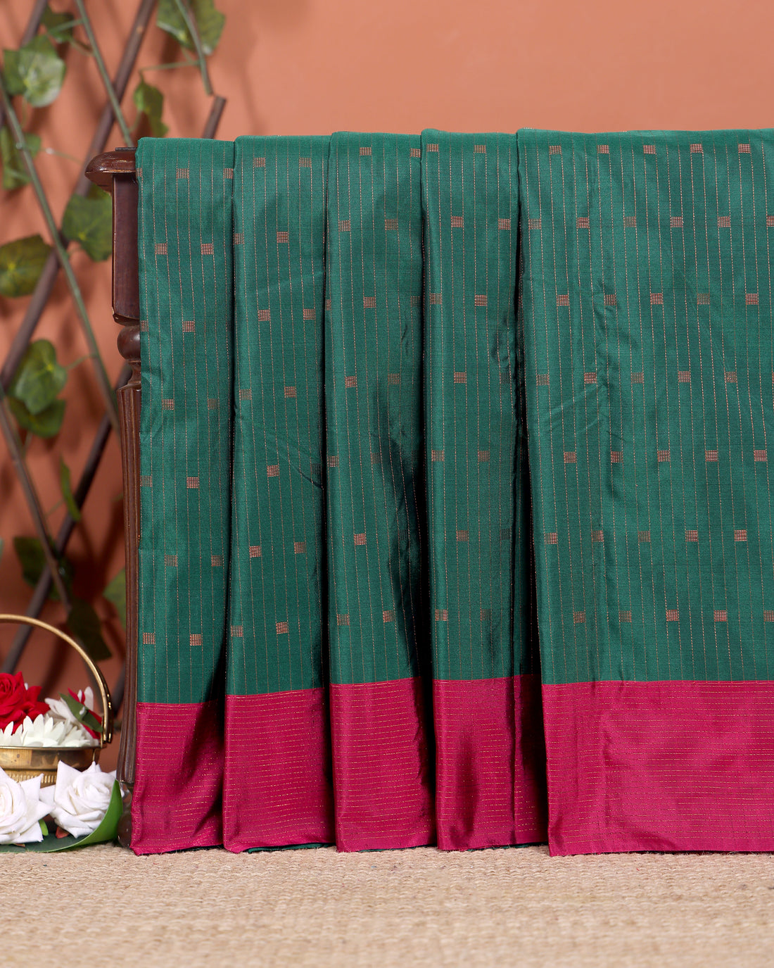 Handloom Woven Soft Silk Saree with Zari Buttas and Contrasting Border - Dark Green