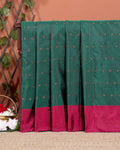 Handloom Woven Soft Silk Saree with Zari Buttas and Contrasting Border - Dark Green