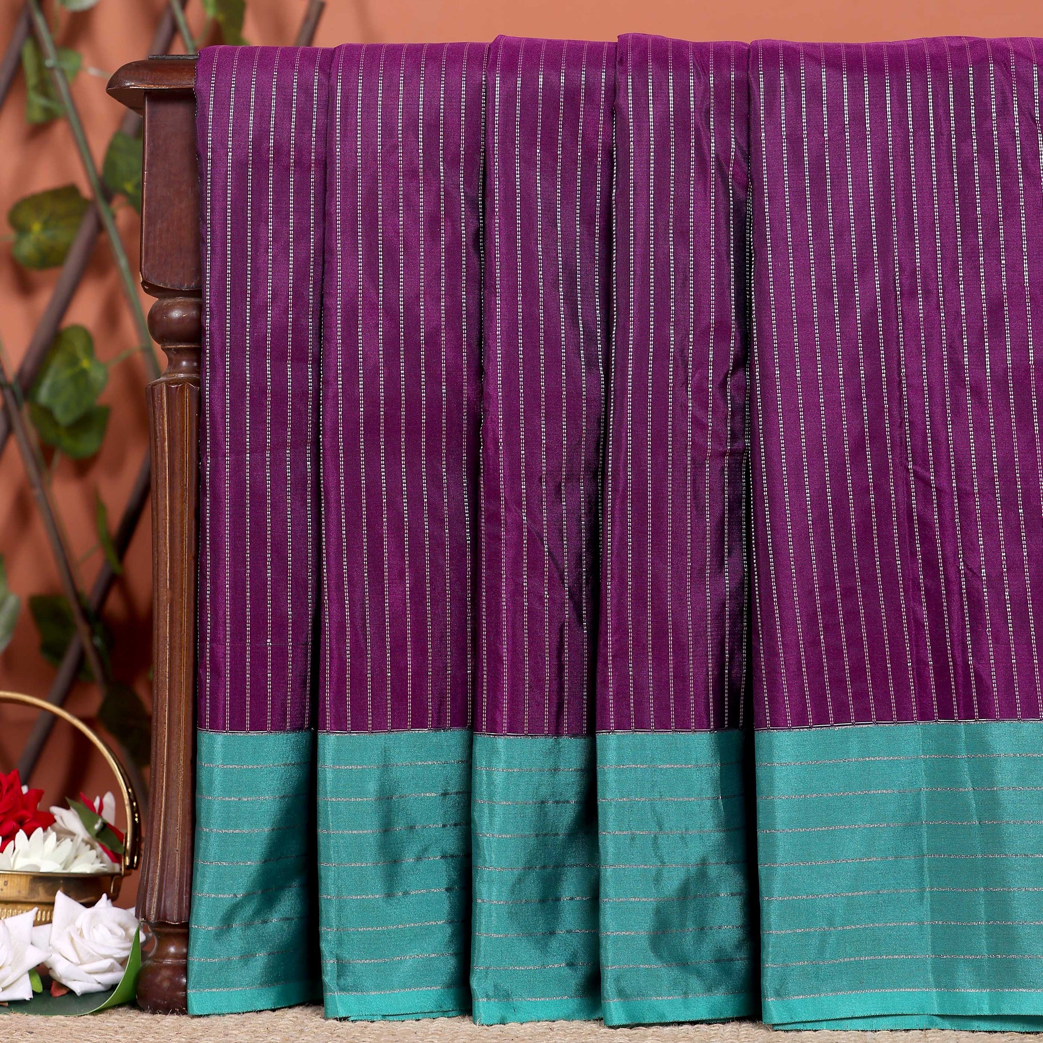 Handloom Zari Striped Soft Silk Saree with a Contrast Border - Purple