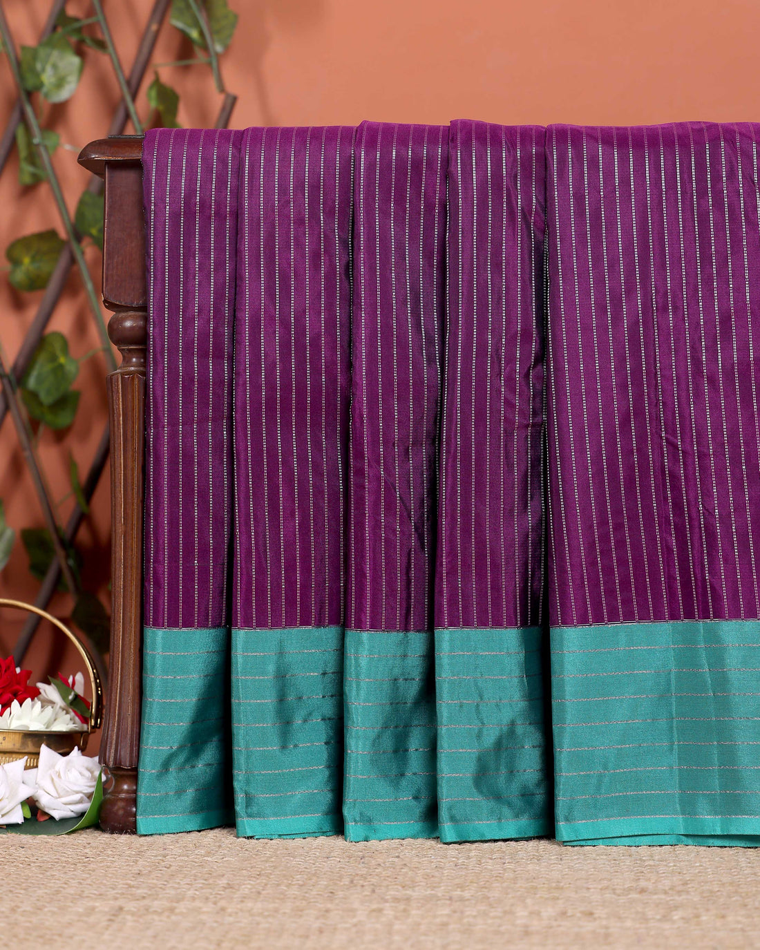 Handloom Zari Striped Soft Silk Saree with a Contrast Border - Purple