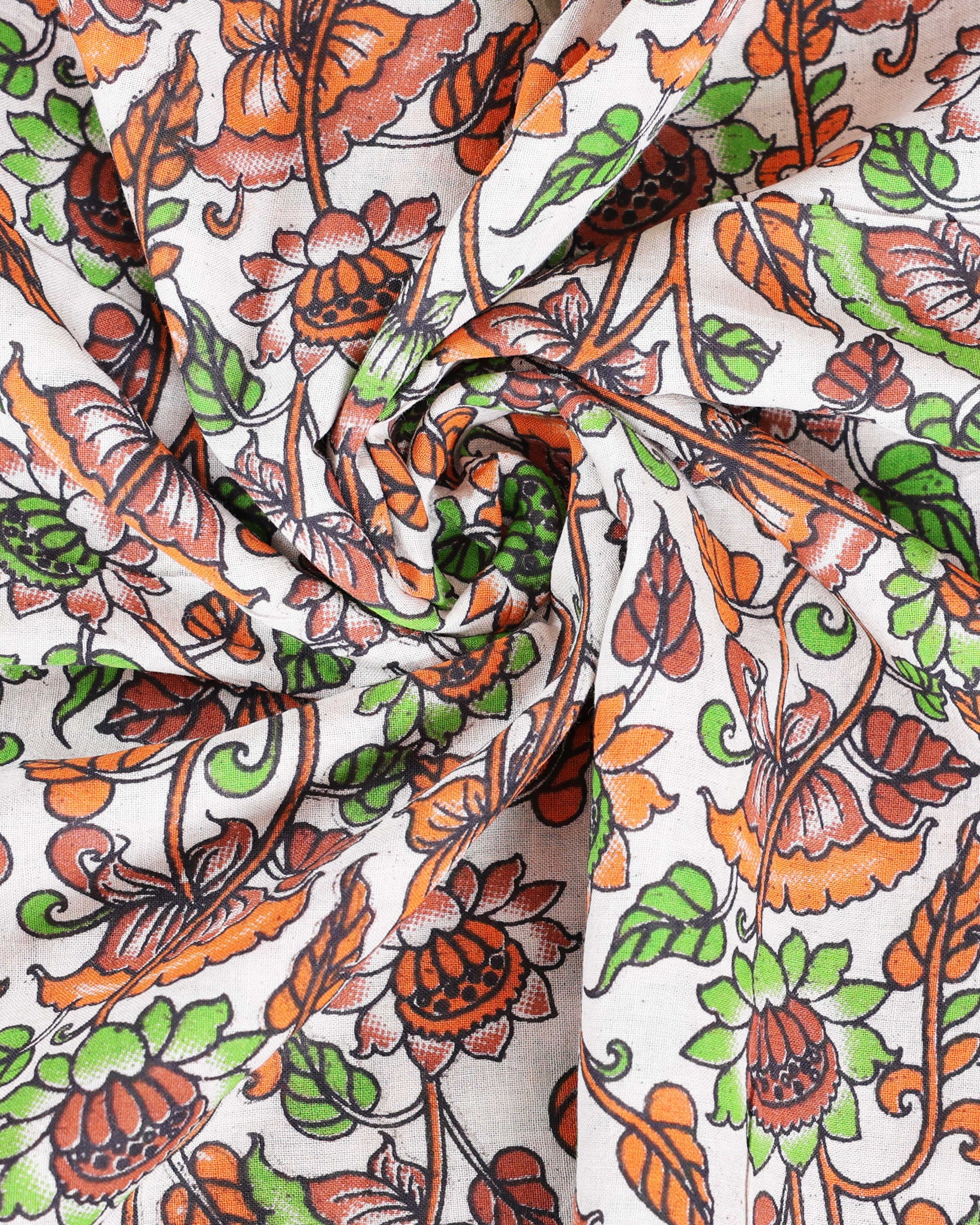 Handpainted Kalamkari Cotton Saree with Traditional Floral Motifs - Close